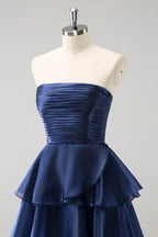 Elegant A-Line Strapless Ruched Tiered Ruffle Dark Navy Floor Length Prom Dress