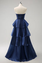 Elegant A-Line Strapless Ruched Tiered Ruffle Dark Navy Floor Length Prom Dress