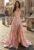 Romantic Prom Dress Floral Pink A Line Strapless Corset Bodice With Train And Pockets For Prom Night