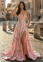 Romantic Prom Dress Floral Pink A Line Strapless Corset Bodice With Train And Pockets For Prom Night