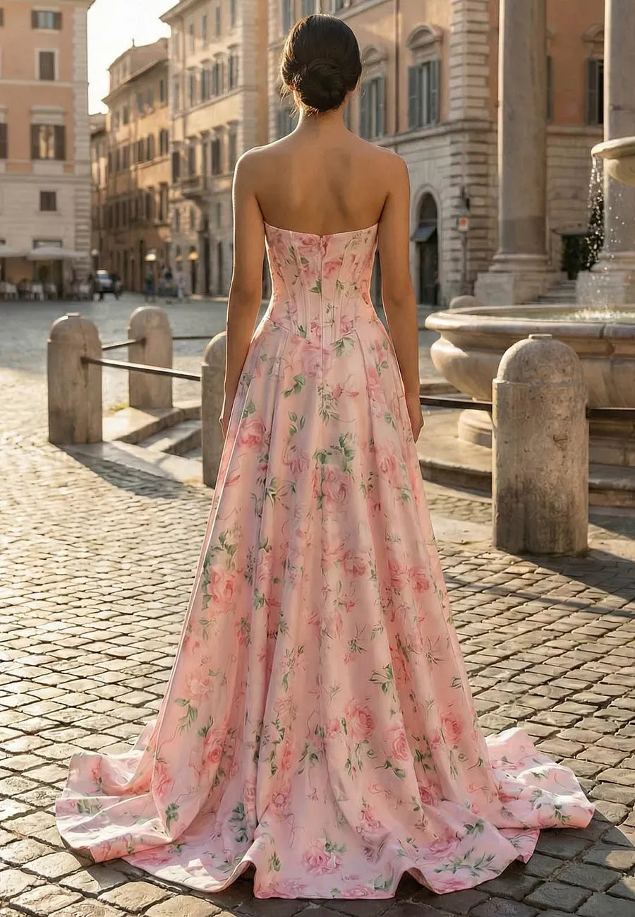 Romantic Prom Dress Floral Pink A Line Strapless Corset Bodice With Train And Pockets For Prom Night