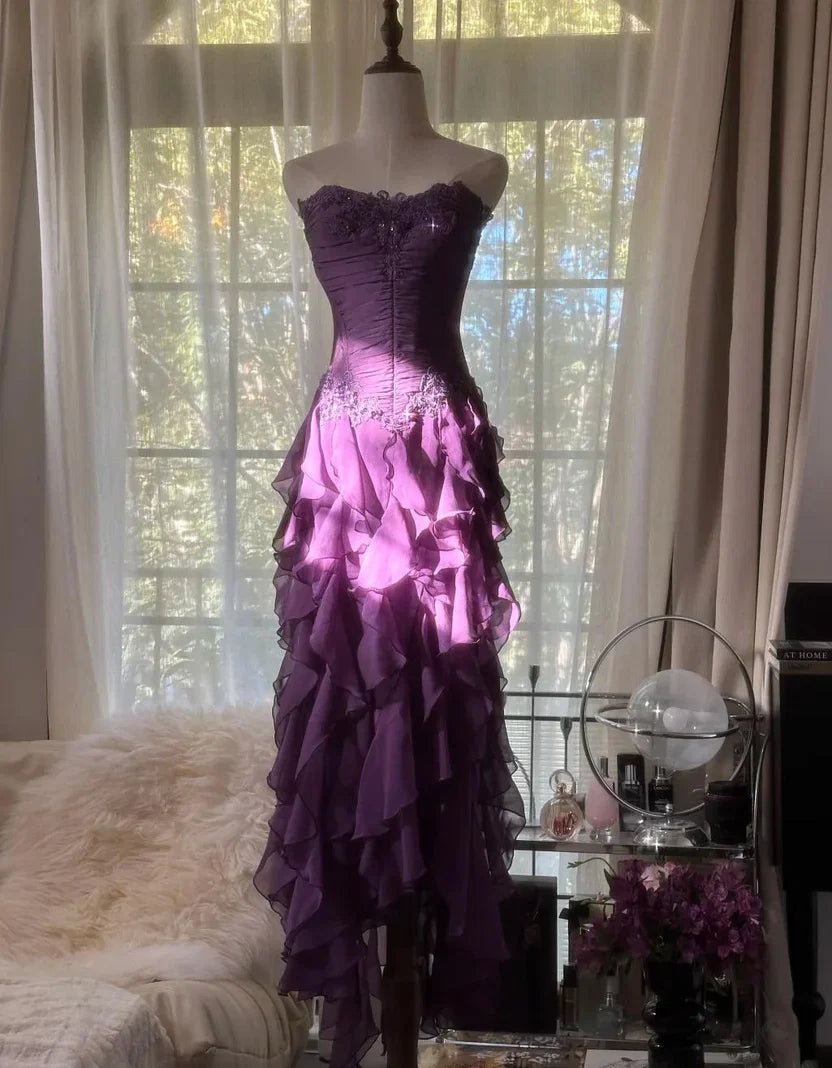 A-Line Strapless Sleeveless Lace-Up Floor-Length Prom Dress