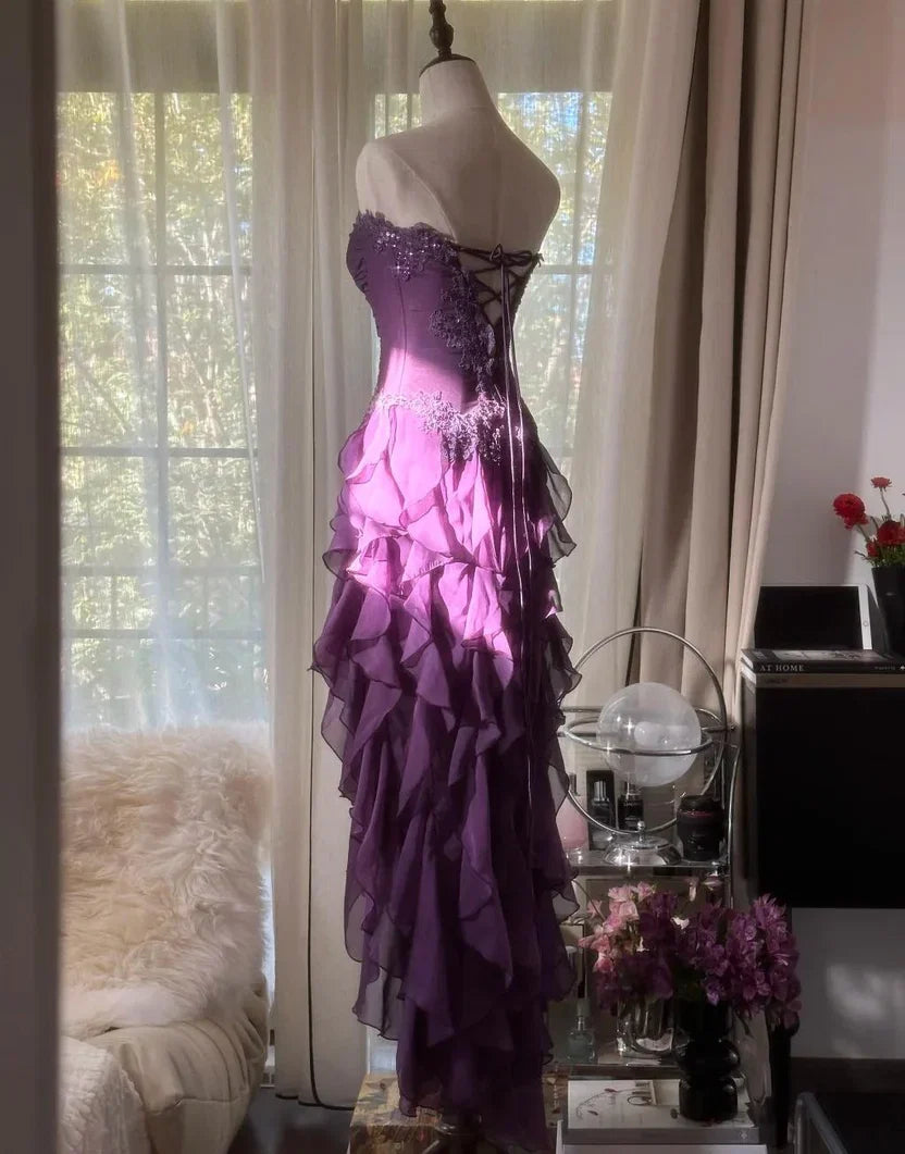 A-Line Strapless Sleeveless Lace-Up Floor-Length Prom Dress