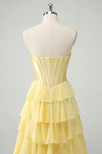 Elegant A-Line Sweethear Corset Tiered Ruffle Yellow Prom Dress With Slit