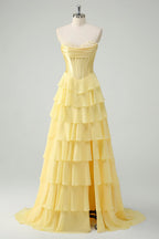 Elegant A-Line Sweethear Corset Tiered Ruffle Yellow Prom Dress With Slit
