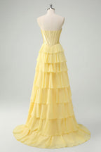 Elegant A-Line Sweethear Corset Tiered Ruffle Yellow Prom Dress With Slit