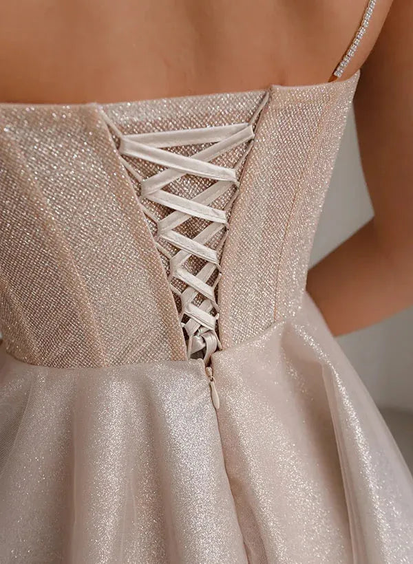 A-Line Sweetheart Corset Ruffle Glitter Champagne Short Homecoming Dress
