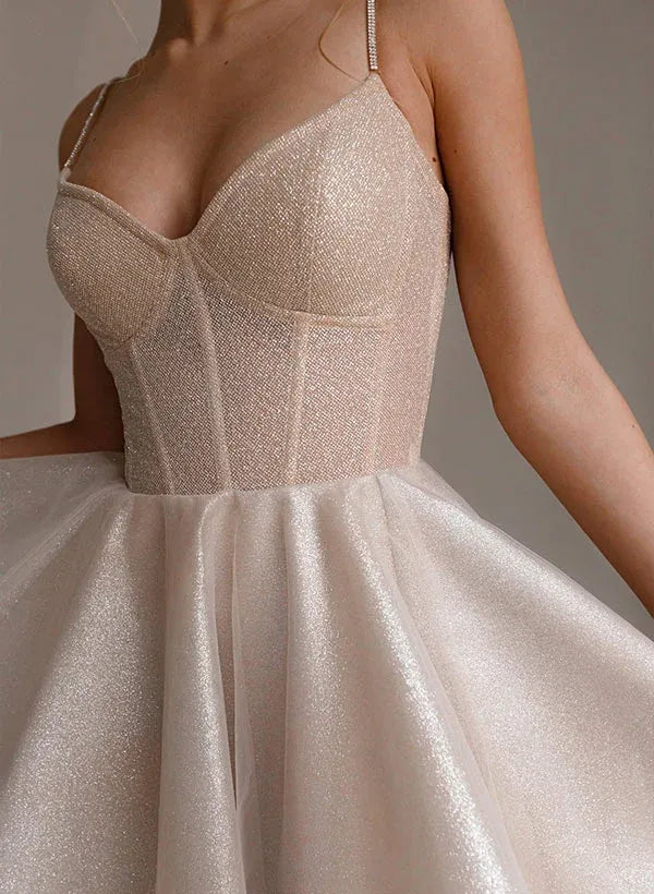 A-Line Sweetheart Corset Ruffle Glitter Champagne Short Homecoming Dress