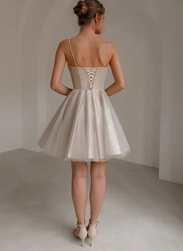 A-Line Sweetheart Corset Ruffle Glitter Champagne Short Homecoming Dress