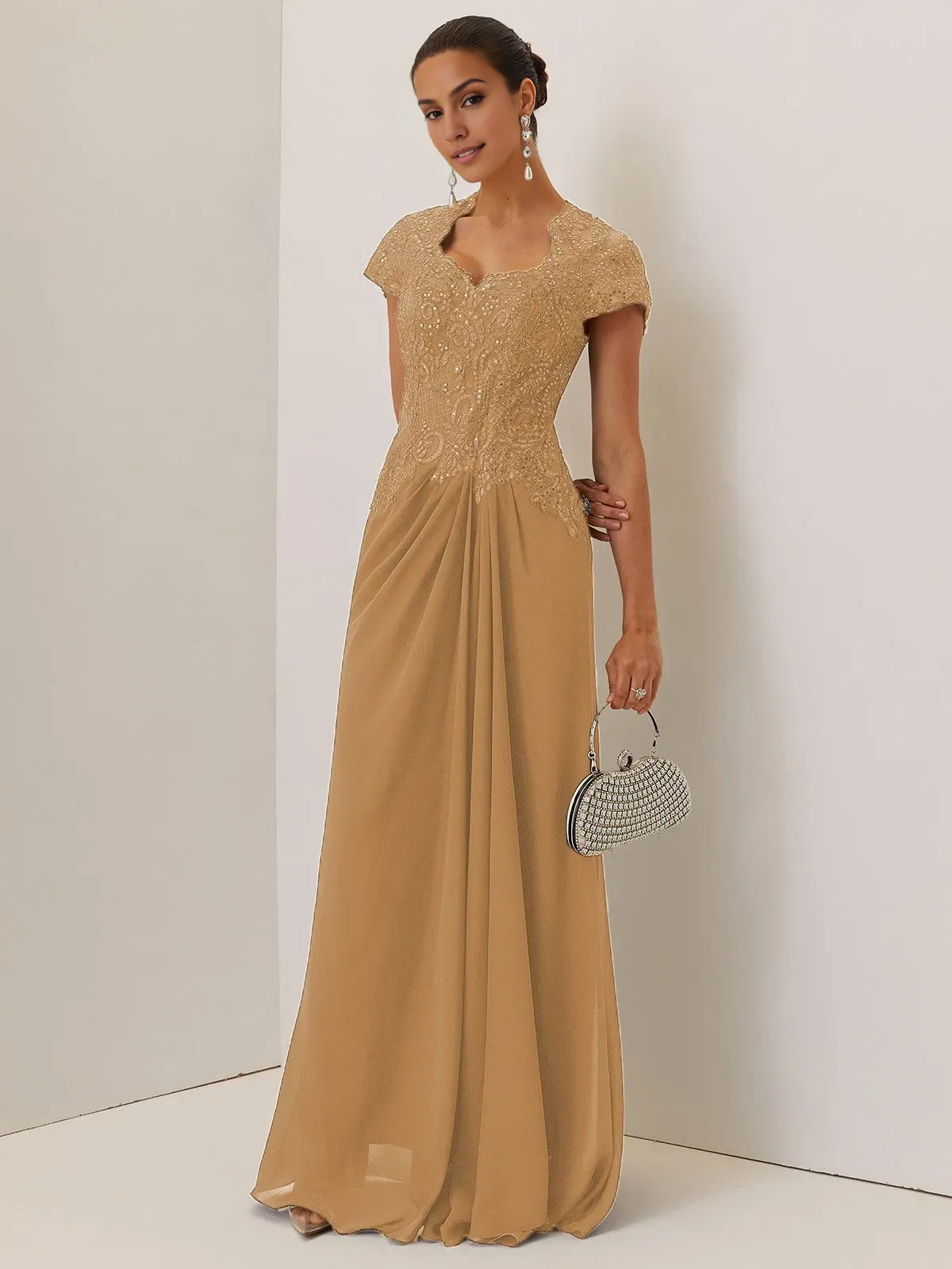 A-Line Sweetheart Neck Short Sleeve Keyhole Back Floor-Length Evening Dress
