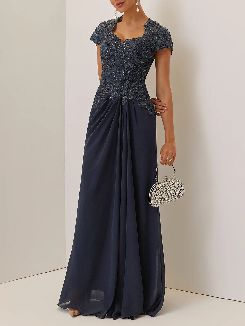 A-Line Sweetheart Neck Short Sleeve Keyhole Back Floor-Length Evening Dress