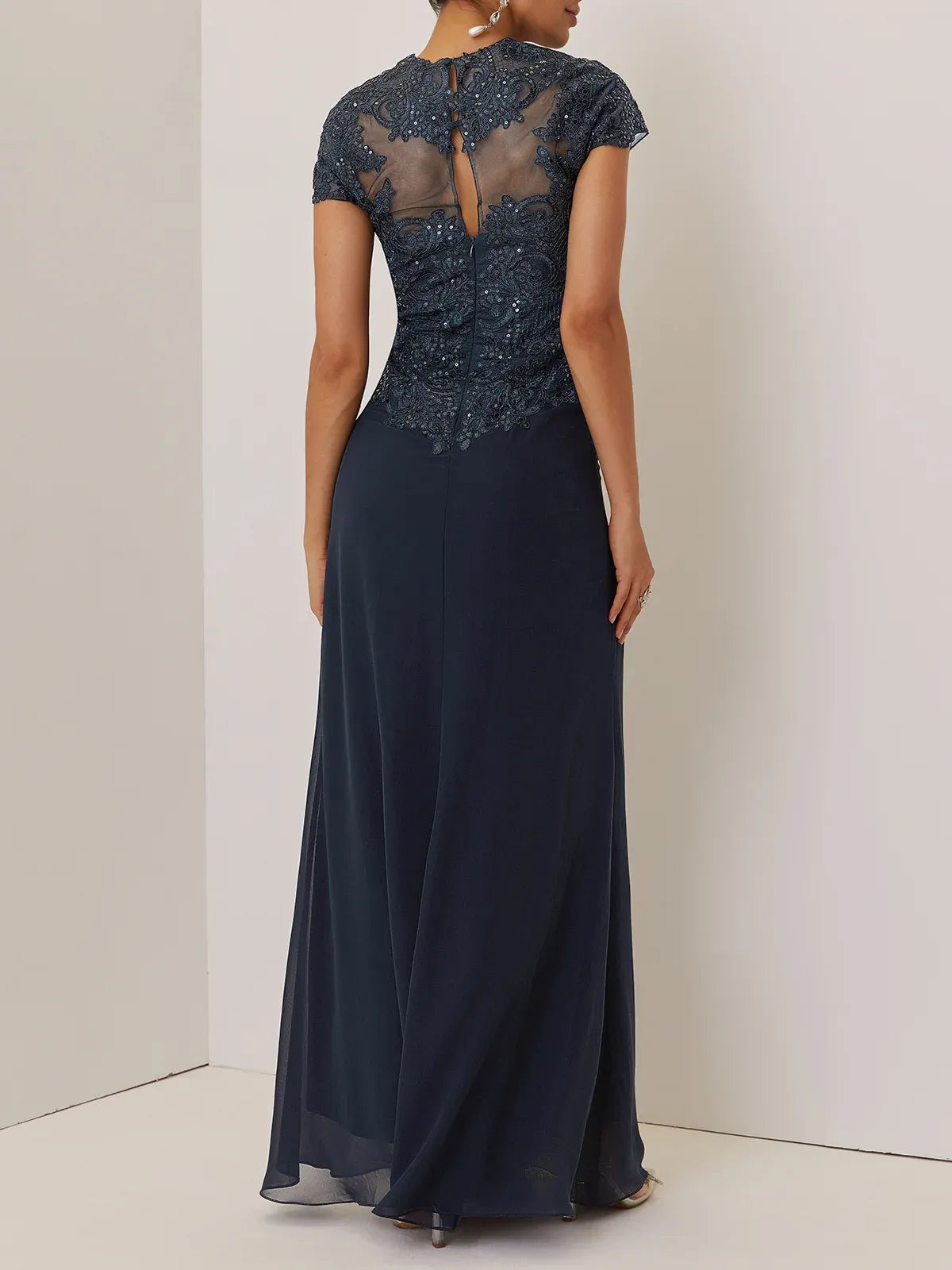 A-Line Sweetheart Neck Short Sleeve Keyhole Back Floor-Length Evening Dress