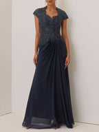 A-Line Sweetheart Neck Short Sleeve Keyhole Back Floor-Length Evening Dress