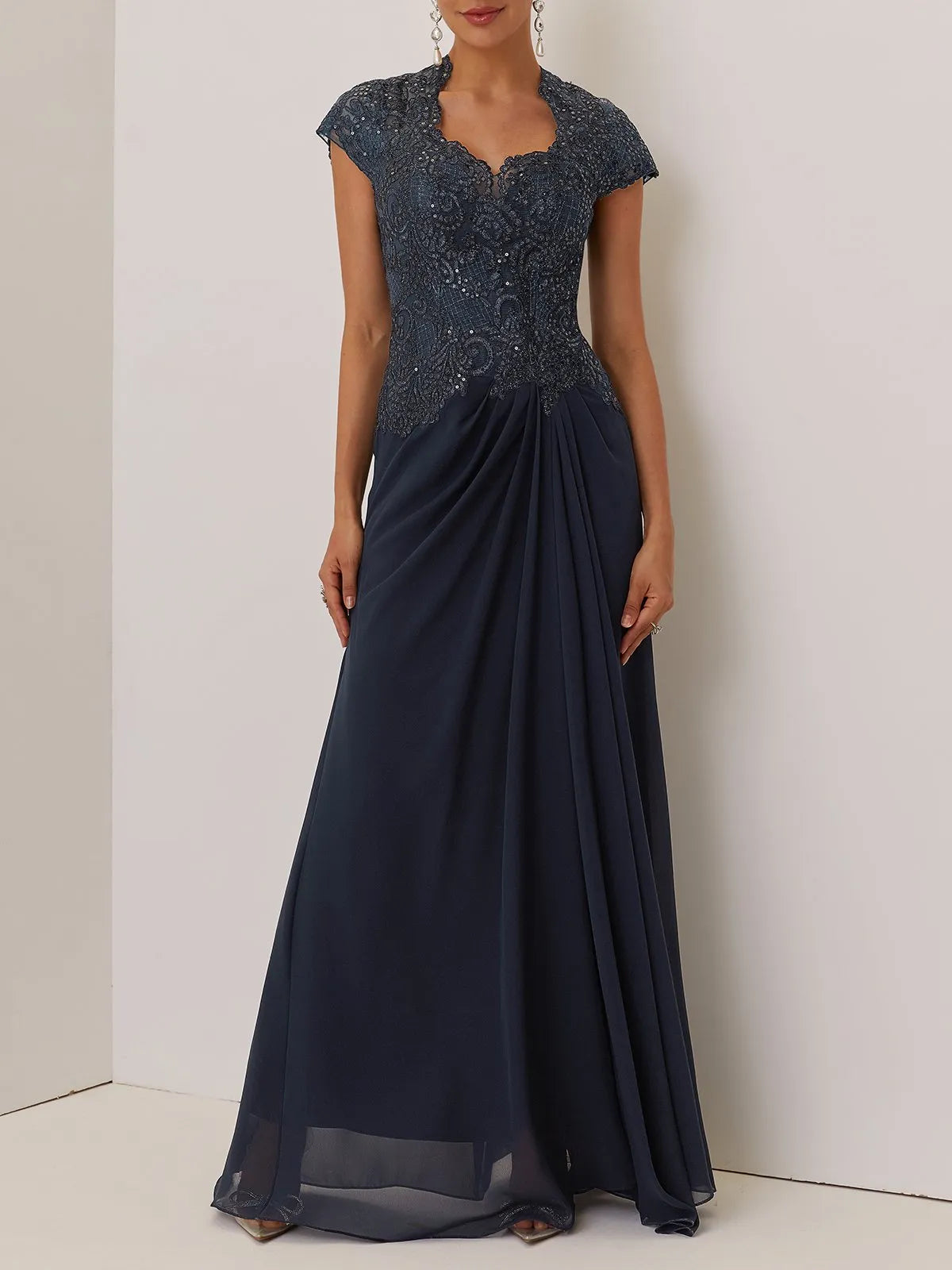 A-Line Sweetheart Neck Short Sleeve Keyhole Back Floor-Length Evening Dress