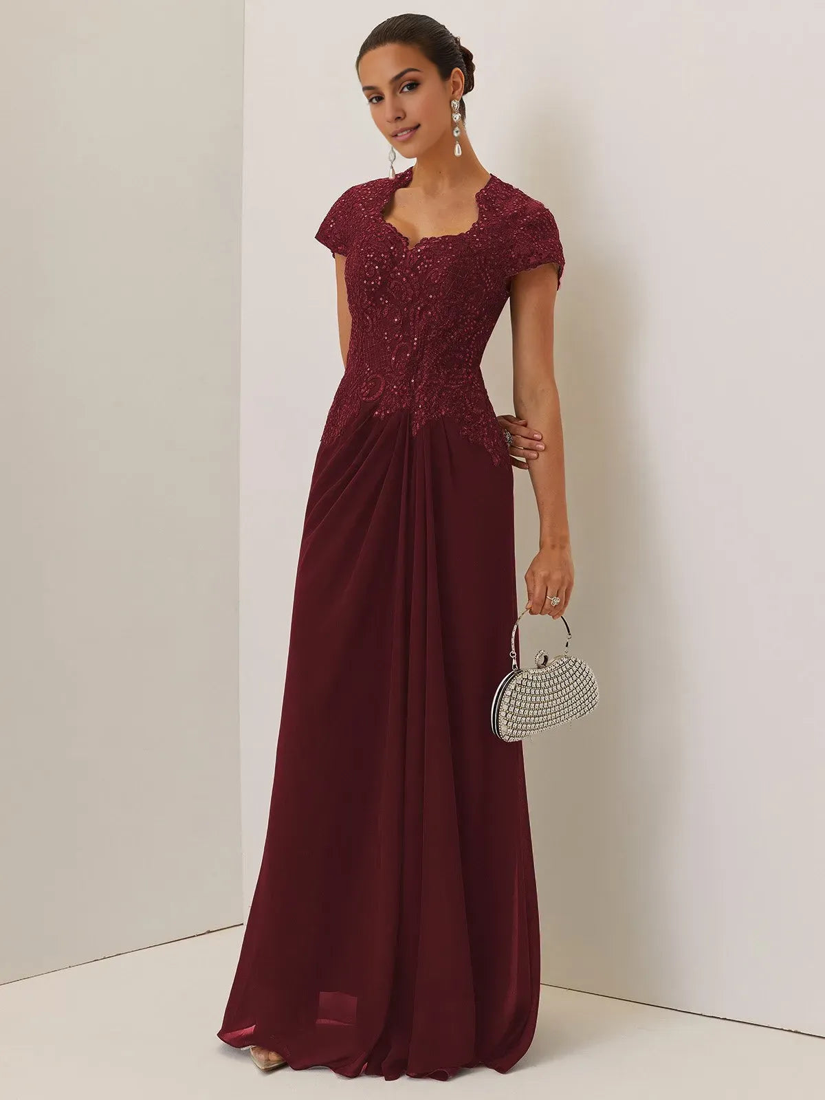 A-Line Sweetheart Neck Short Sleeve Keyhole Back Floor-Length Evening Dress