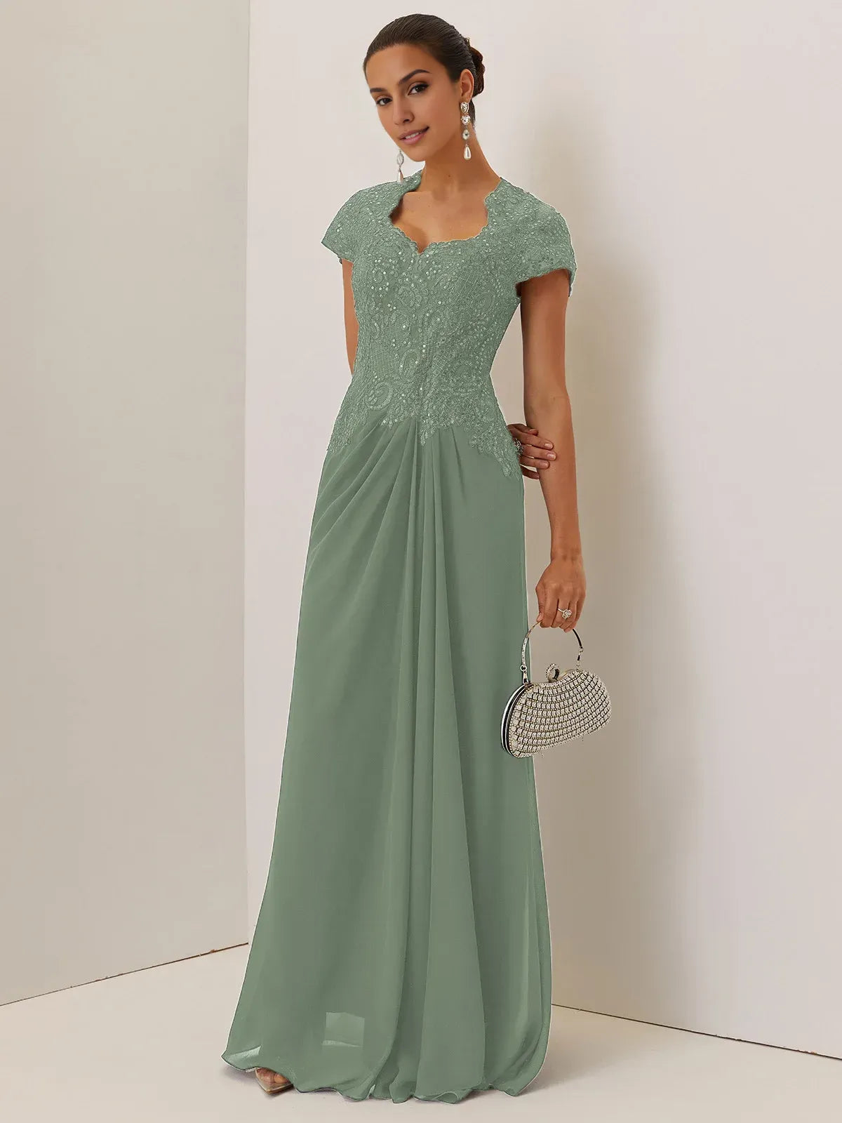 A-Line Sweetheart Neck Short Sleeve Keyhole Back Floor-Length Evening Dress