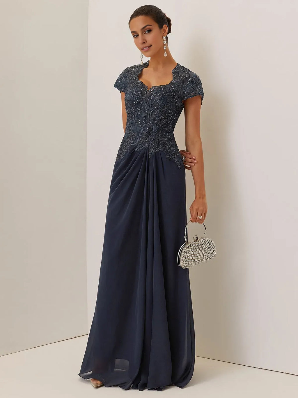 A-Line Sweetheart Neck Short Sleeve Keyhole Back Floor-Length Evening Dress