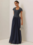 A-Line Sweetheart Neck Short Sleeve Keyhole Back Floor-Length Evening Dress