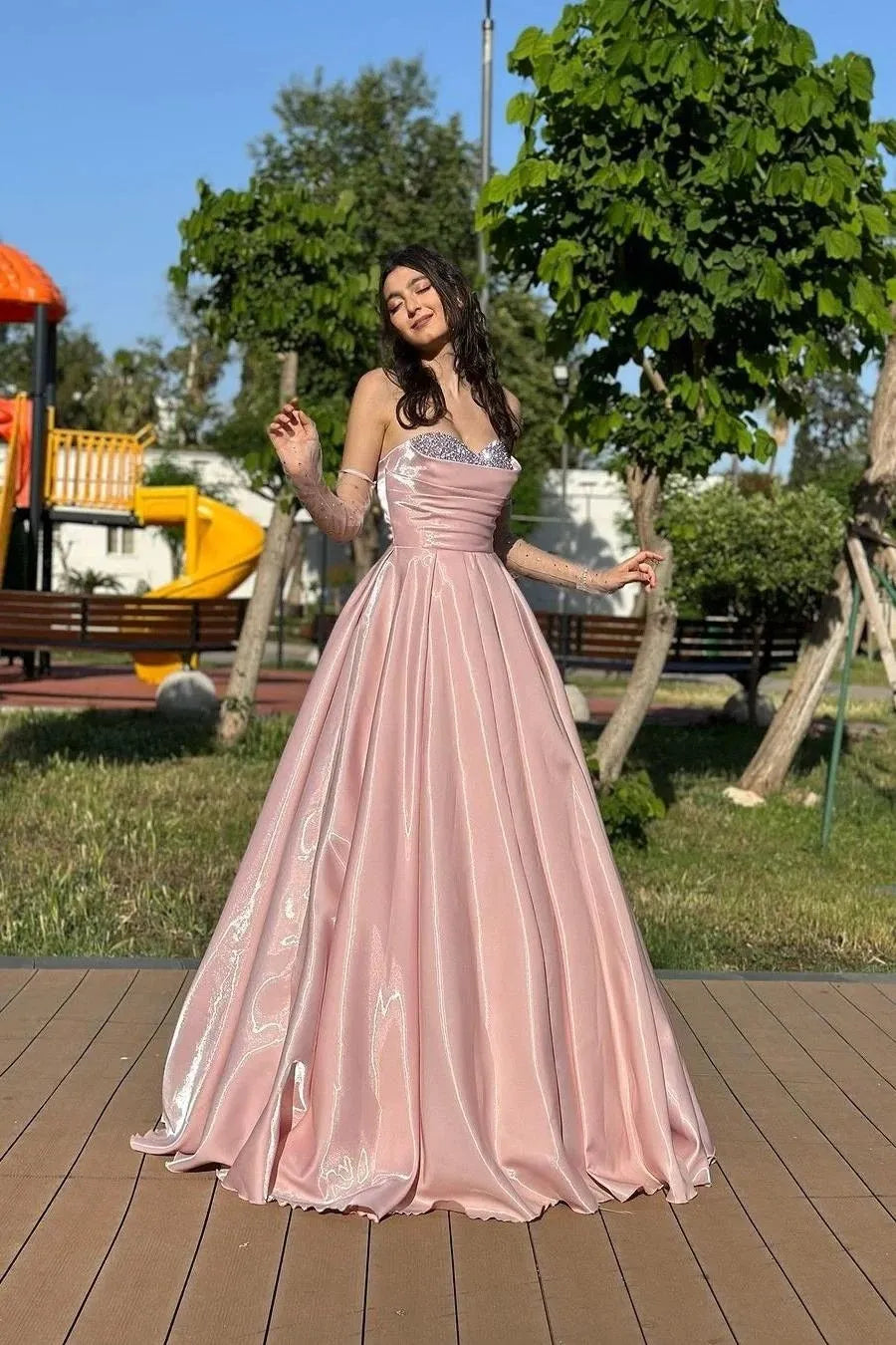 A-Line Sweetheart Sleeveless Pleated Backless Floor Length Prom Dress