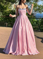A-Line Sweetheart Sleeveless Pleated Backless Floor Length Prom Dress