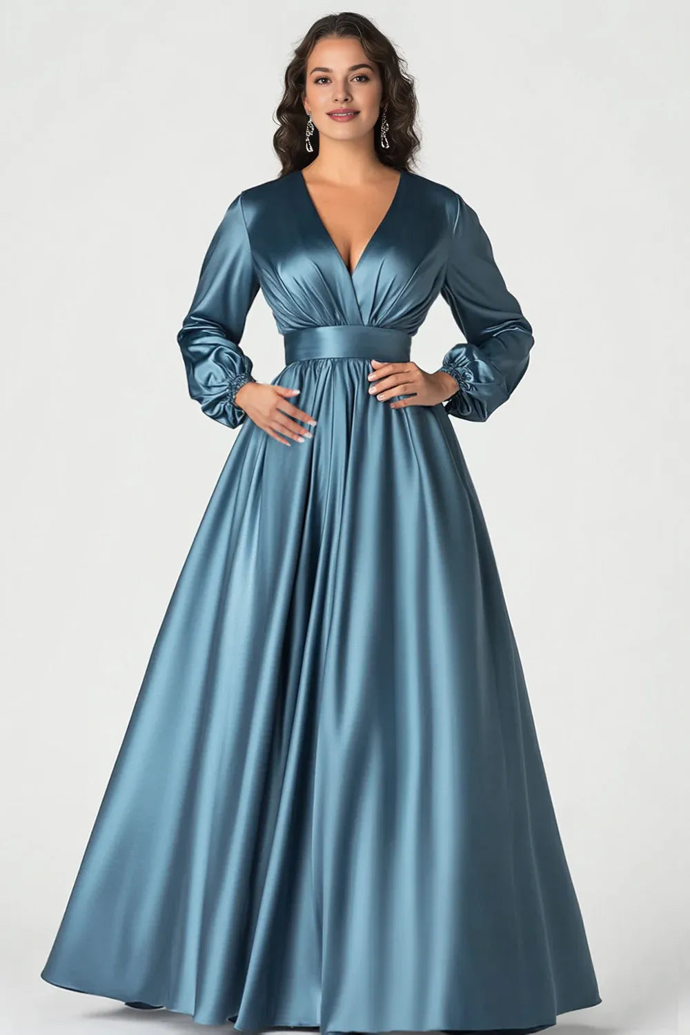 A-Line V-Neck 3/4 Sleeves Zipper Up Floor-Length Mother of the Bride Dress