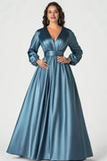A-Line V-Neck 3/4 Sleeves Zipper Up Floor-Length Mother of the Bride Dress
