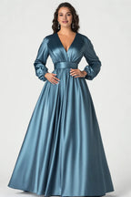 A-Line V-Neck 3/4 Sleeves Zipper Up Floor-Length Mother of the Bride Dress