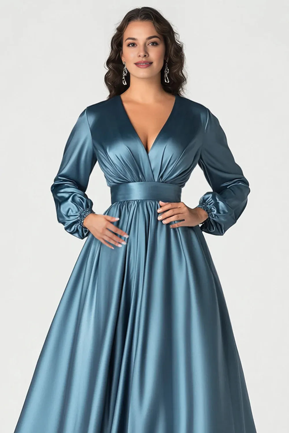 A-Line V-Neck 3/4 Sleeves Zipper Up Floor-Length Mother of the Bride Dress