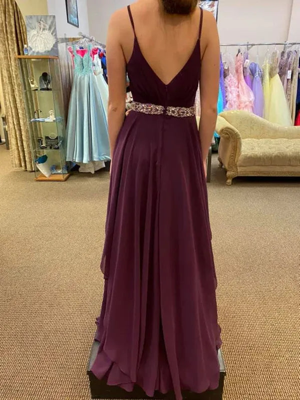Prom Dress Beaded Chiffon Plum Floor Length A Line V Neck With Beaded Waist For Prom Night Glam