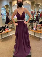 Prom Dress Beaded Chiffon Plum Floor Length A Line V Neck With Beaded Waist For Prom Night Glam