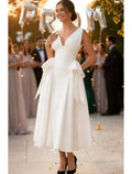 Elegant A-Line V-Neck Bow Satin White Tea Length Prom Dress