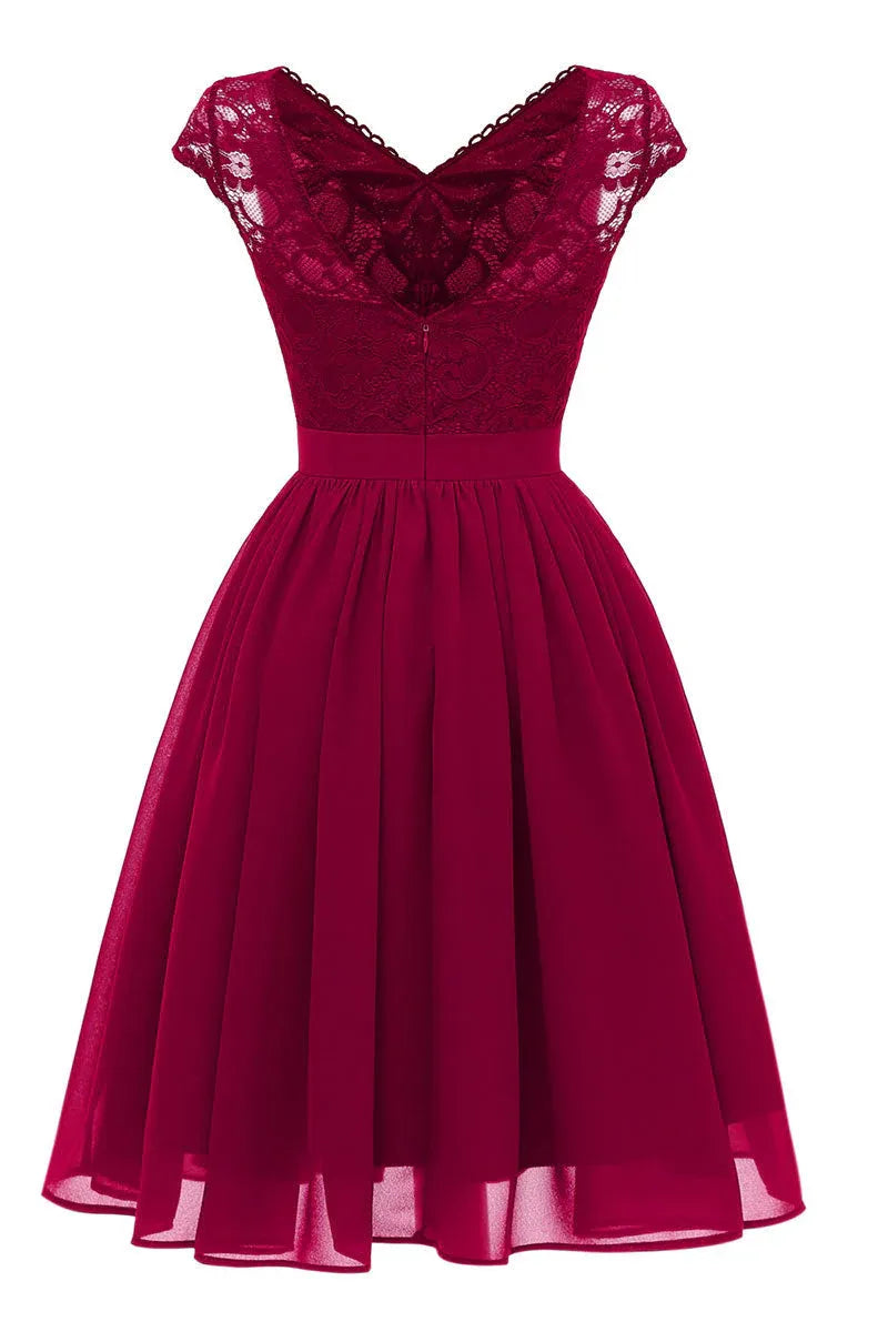 Elegant Burgundy Lace Chiffon Homecoming Dress With V Neck Flowing A Line Skirt For Teen Girls