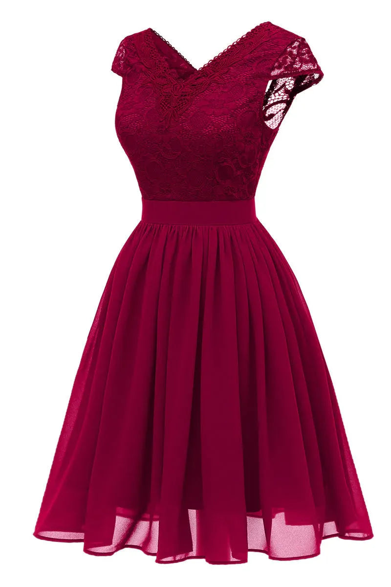 Elegant Burgundy Lace Chiffon Homecoming Dress With V Neck Flowing A Line Skirt For Teen Girls