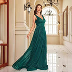 Green A-Line V-Neck Sleeveless Emerald Floor-Length Prom Dress