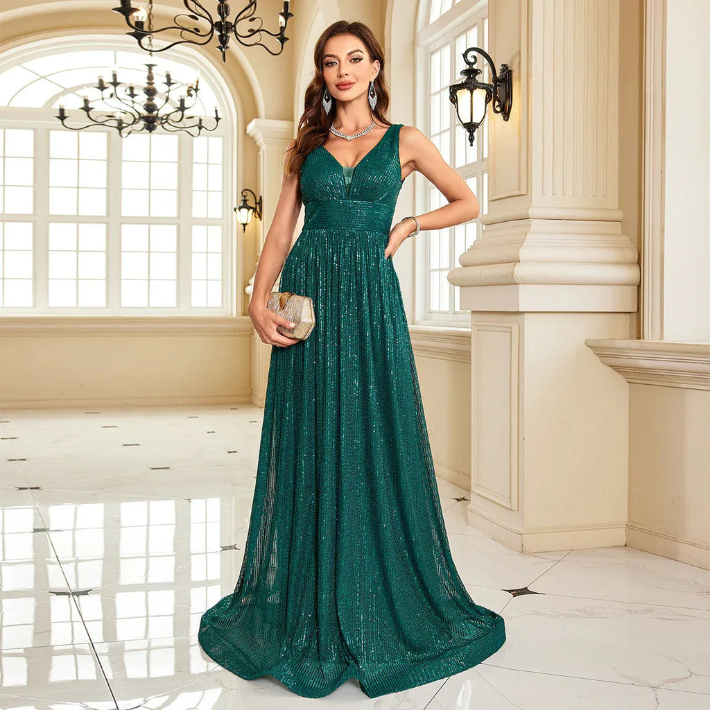 Green A-Line V-Neck Sleeveless Emerald Floor-Length Prom Dress