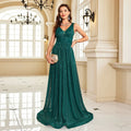 Green A-Line V-Neck Sleeveless Emerald Floor-Length Prom Dress