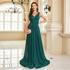 Green A-Line V-Neck Sleeveless Emerald Floor-Length Prom Dress