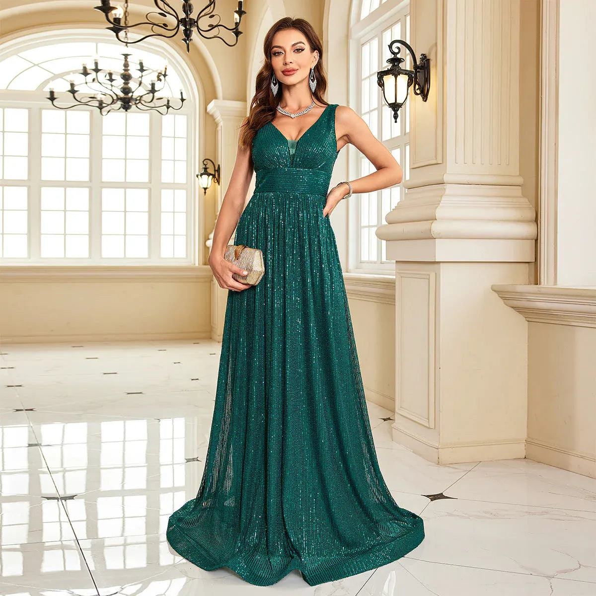 Green A-Line V-Neck Sleeveless Emerald Floor-Length Prom Dress