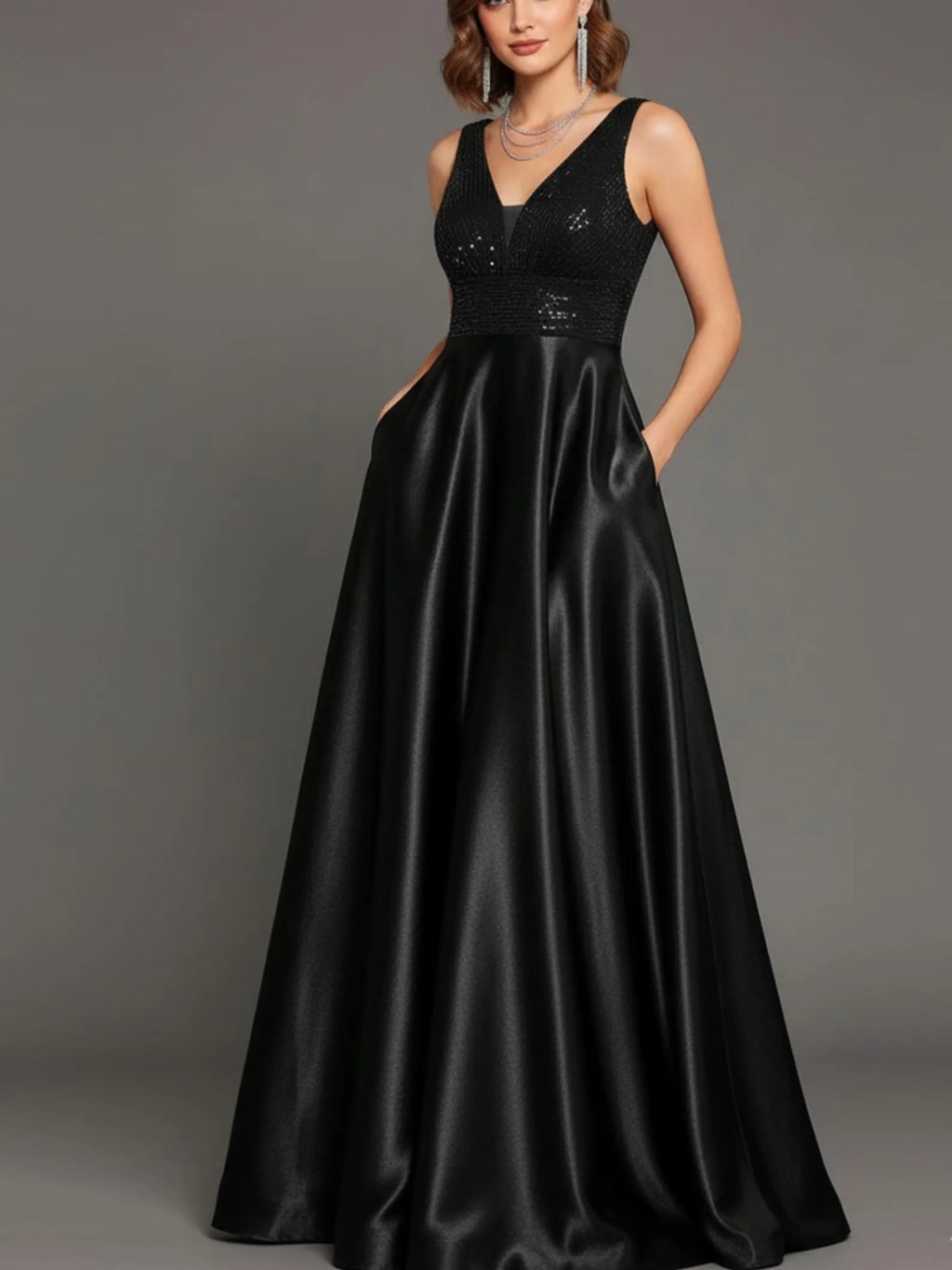 Black Sequin Prom Dress With Pockets Satin A Line V Neck Gown For Women Timeless Glamour