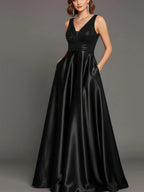 Black Sequin Prom Dress With Pockets Satin A Line V Neck Gown For Women Timeless Glamour