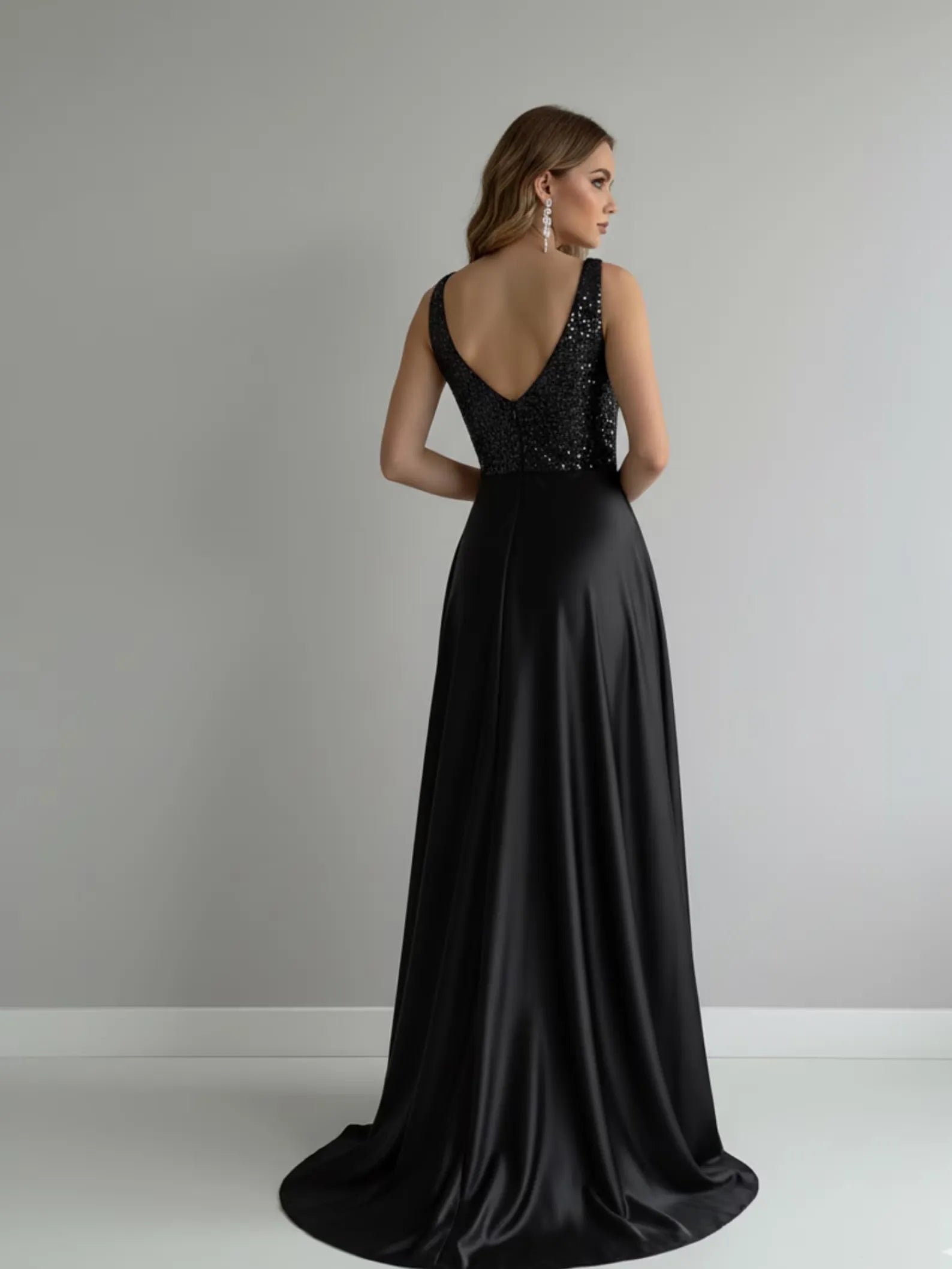 Black Sequin Prom Dress With Pockets Satin A Line V Neck Gown For Women Timeless Glamour