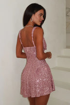 A-Line V-Neck Sleeveless Sequins Backless Pleated Short-Mini Homecoming Dress