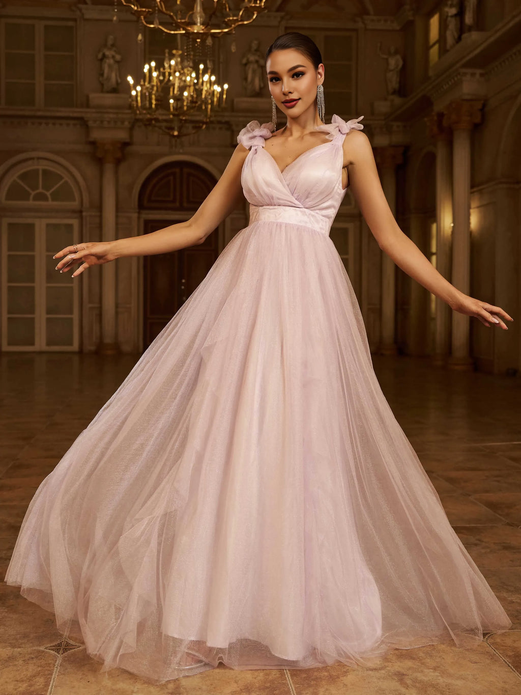 A-Line V-Neck Sleeveless Zipper Up Floor-Length Prom Dress