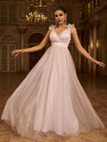 A-Line V-Neck Sleeveless Zipper Up Floor-Length Prom Dress