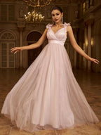 A-Line V-Neck Sleeveless Zipper Up Floor-Length Prom Dress