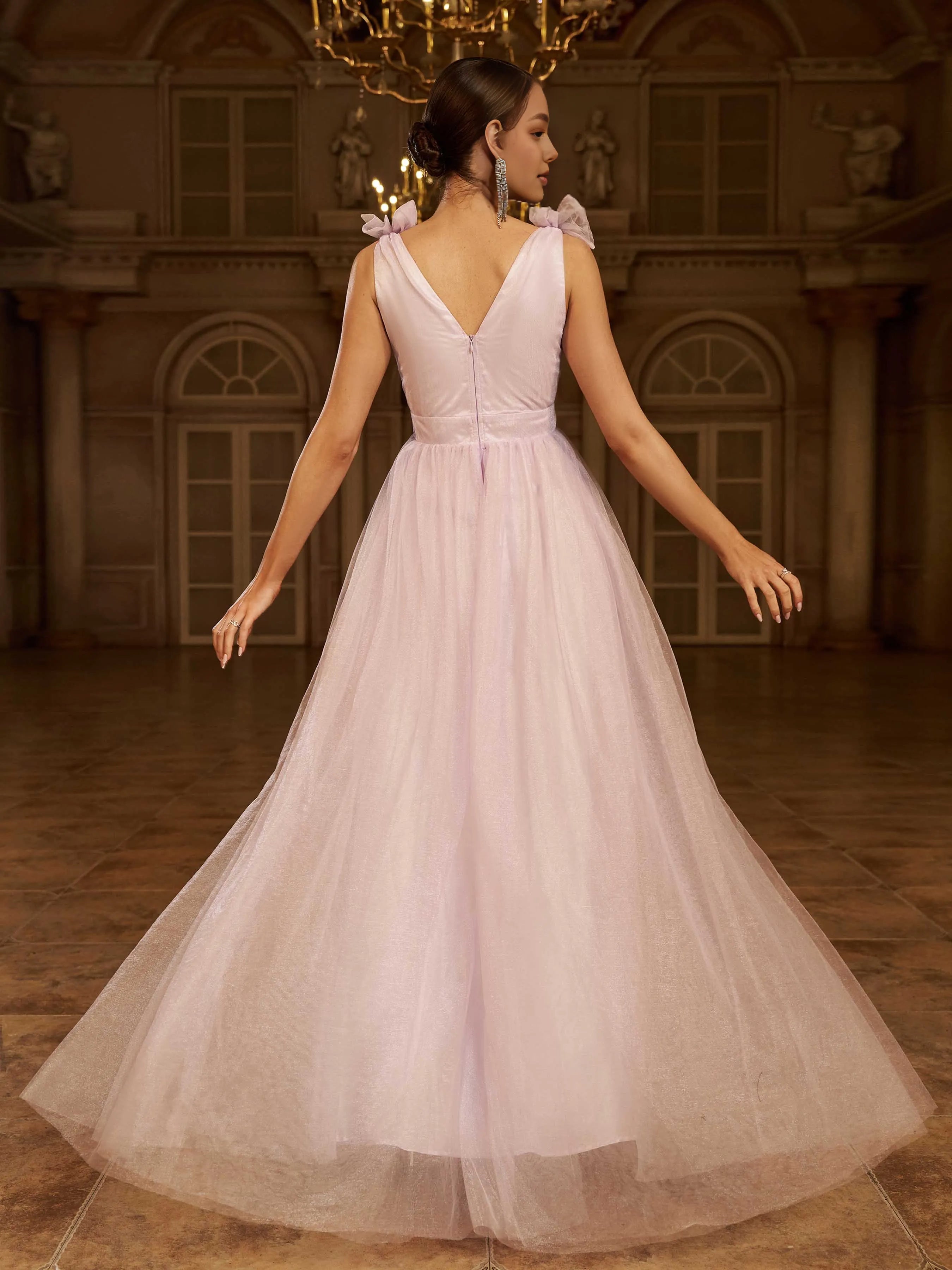 A-Line V-Neck Sleeveless Zipper Up Floor-Length Prom Dress