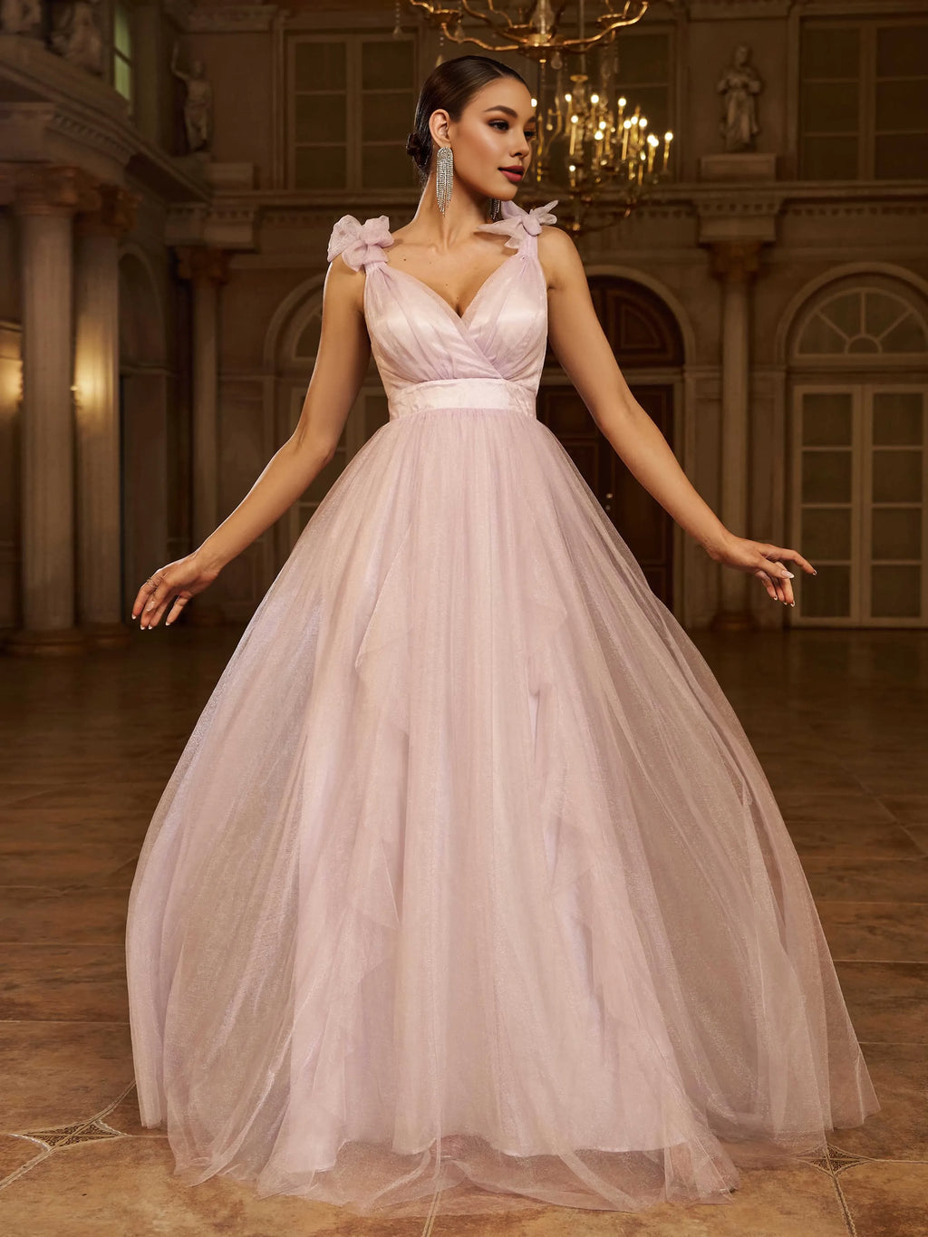 A-Line V-Neck Sleeveless Zipper Up Floor-Length Prom Dress