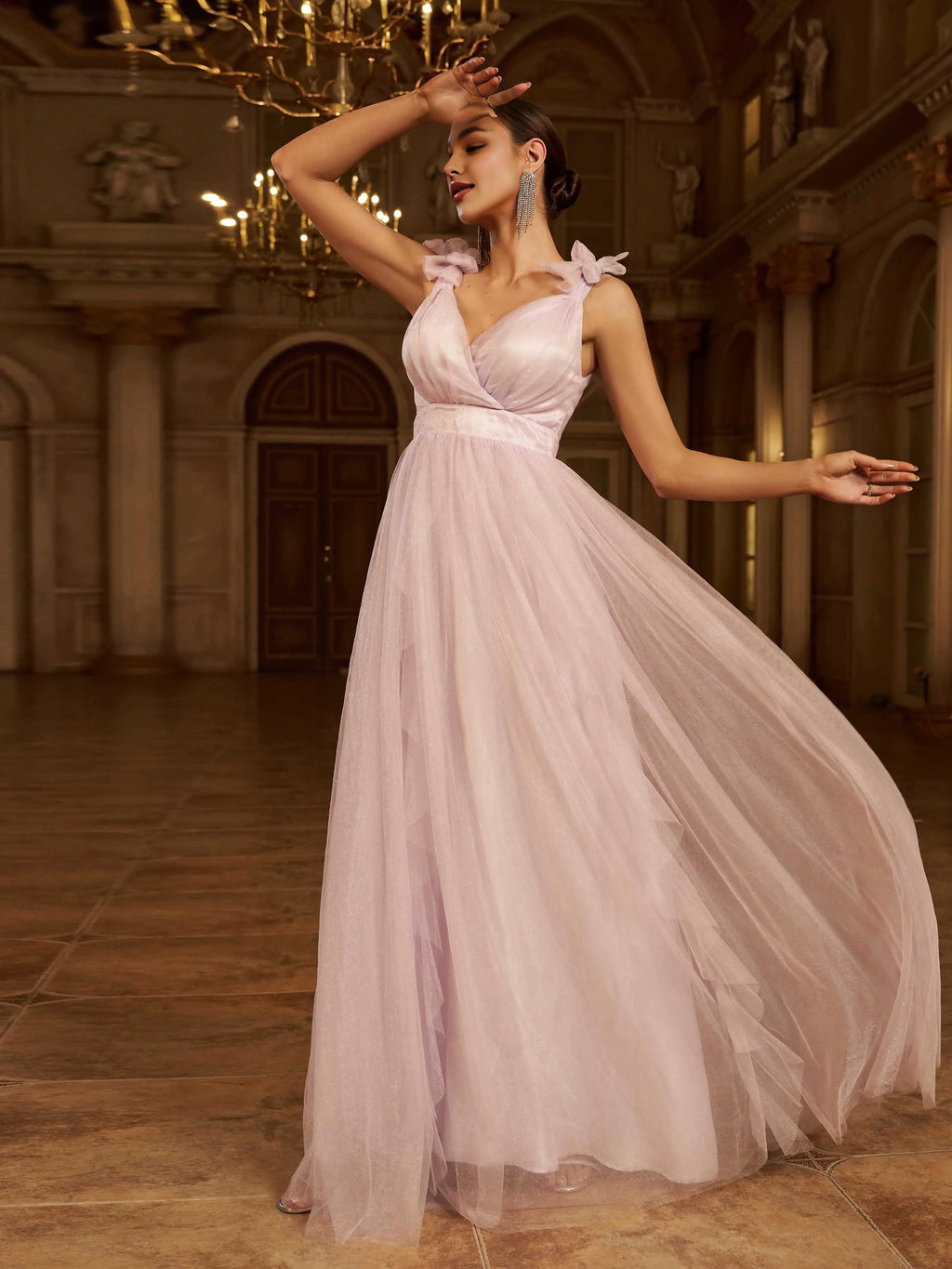 A-Line V-Neck Sleeveless Zipper Up Floor-Length Prom Dress