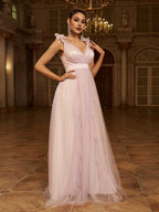 A-Line V-Neck Sleeveless Zipper Up Floor-Length Prom Dress