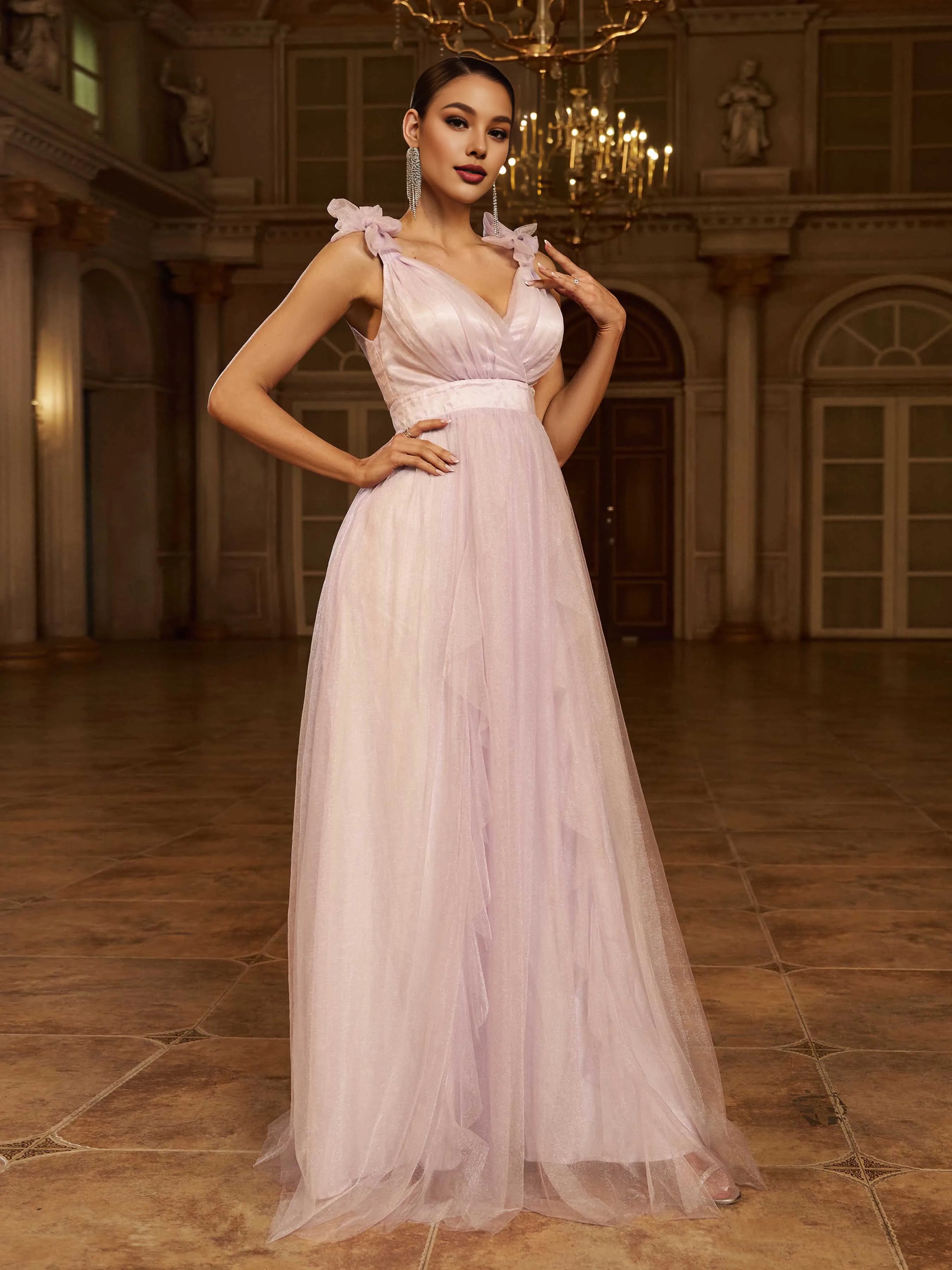 A-Line V-Neck Sleeveless Zipper Up Floor-Length Prom Dress